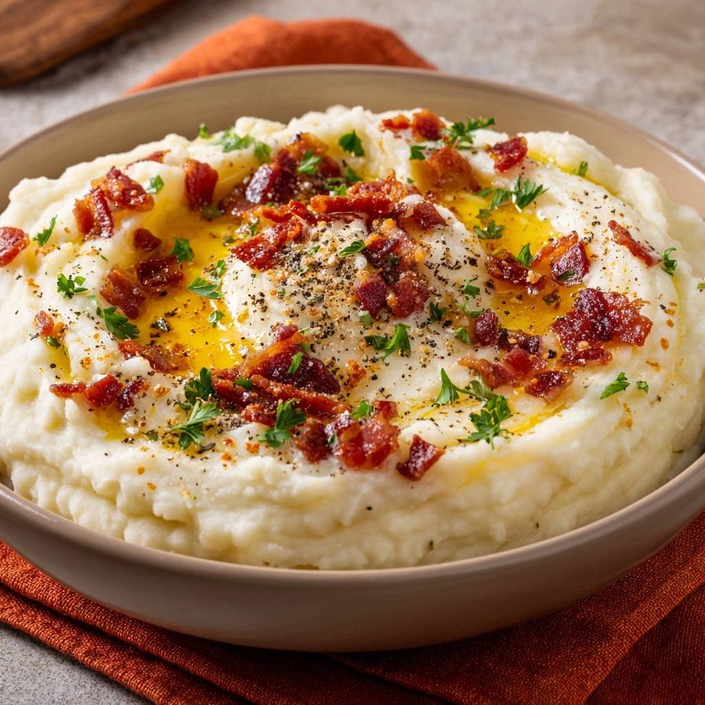 Loaded bacon mashed potatoes topped with crispy bacon bits, fresh parsley, and melted butter.