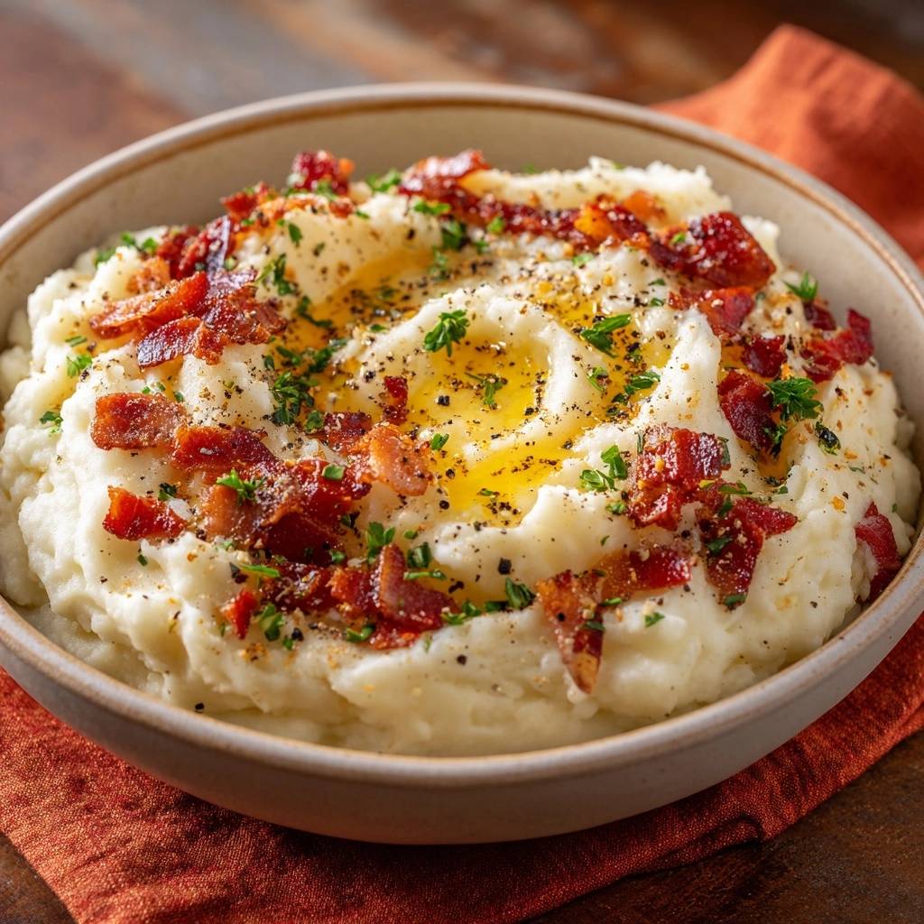 Loaded bacon mashed potatoes with a close-up view of bacon, parsley, and butter garnish.