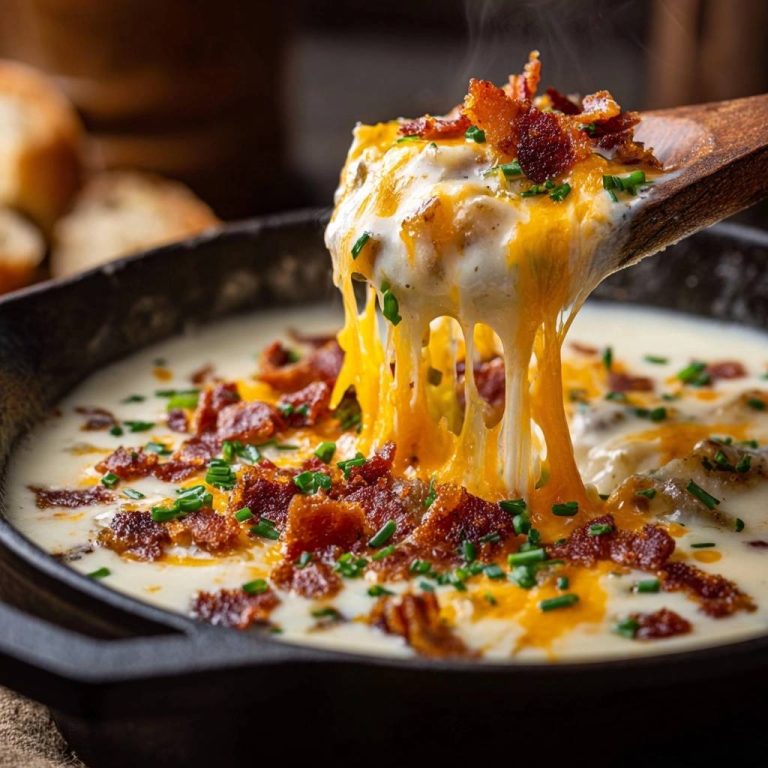 Loaded baked potato soup with a wooden ladle lifting a cheesy, bacon-topped portion, showing a smooth cheese melt.