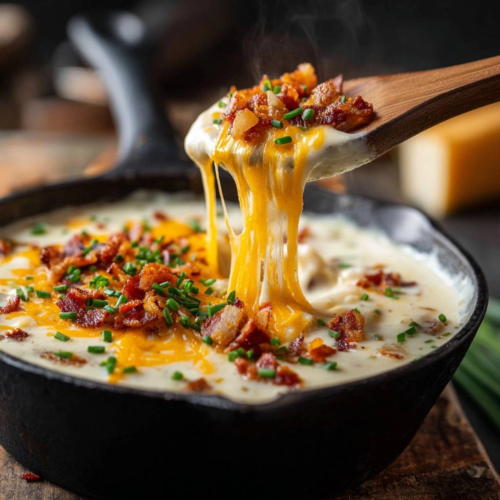 Loaded baked potato soup with a spoonful lifting out gooey cheese and bacon topping.