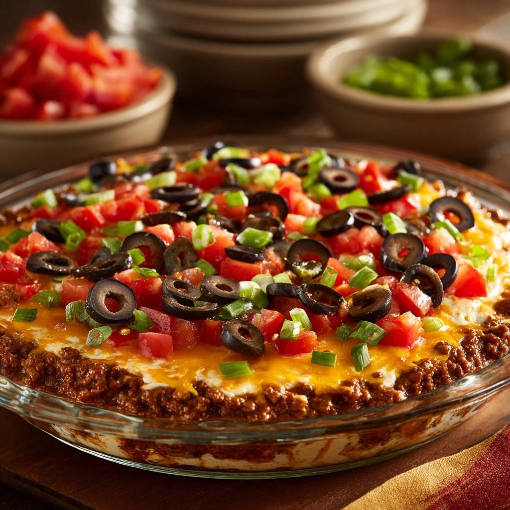 Loaded Baked Taco Dip close-up view of the fresh tomato, olive, and green onion topping.
