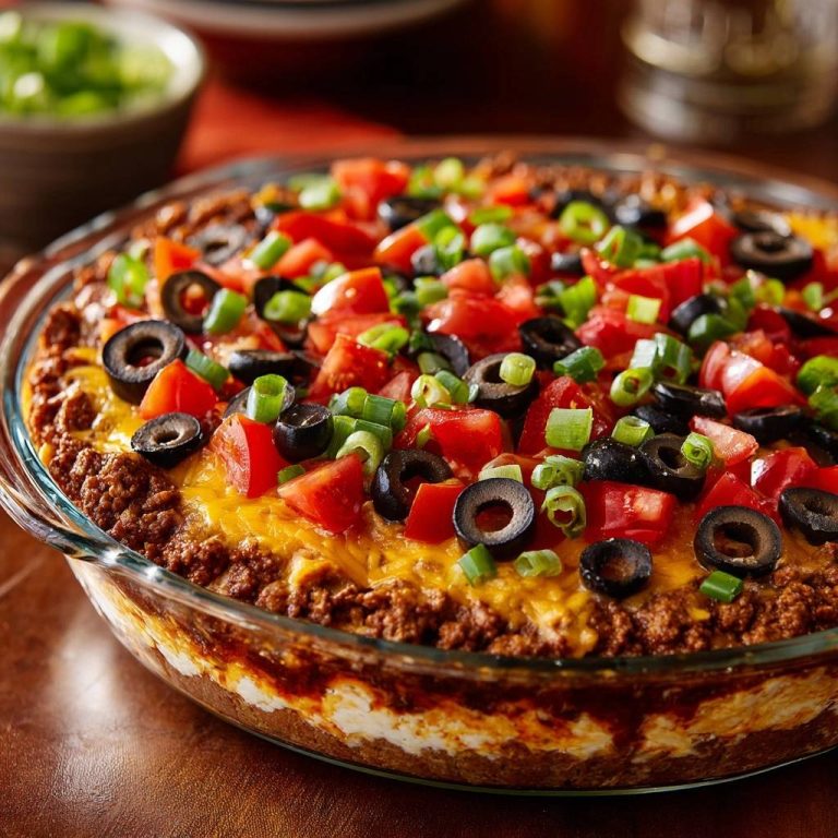 Loaded baked taco dip close-up showing layers of seasoned beef, cheese, tomatoes, olives, and green onions.