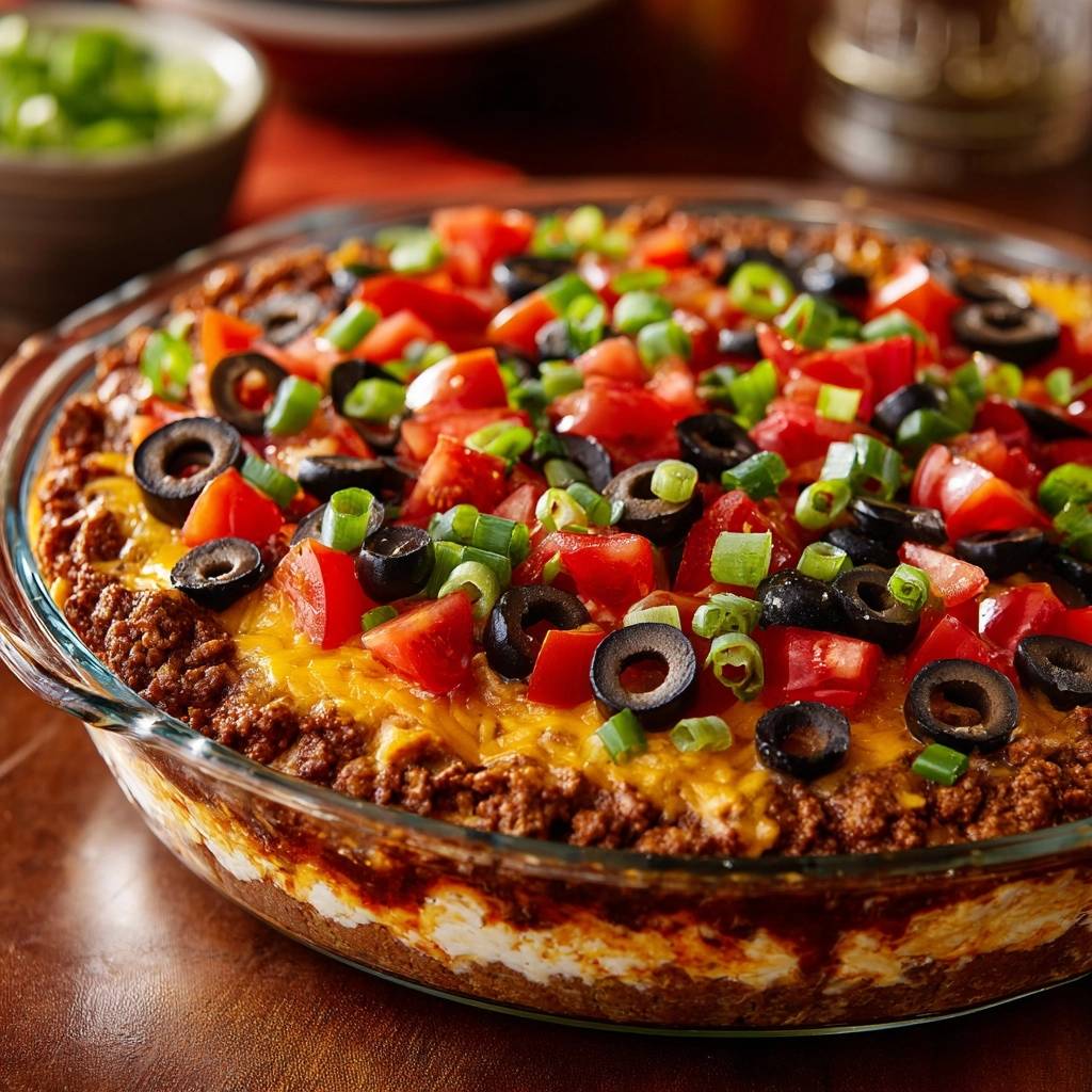 Loaded baked taco dip close-up showing layers of seasoned beef, cheese, tomatoes, olives, and green onions.