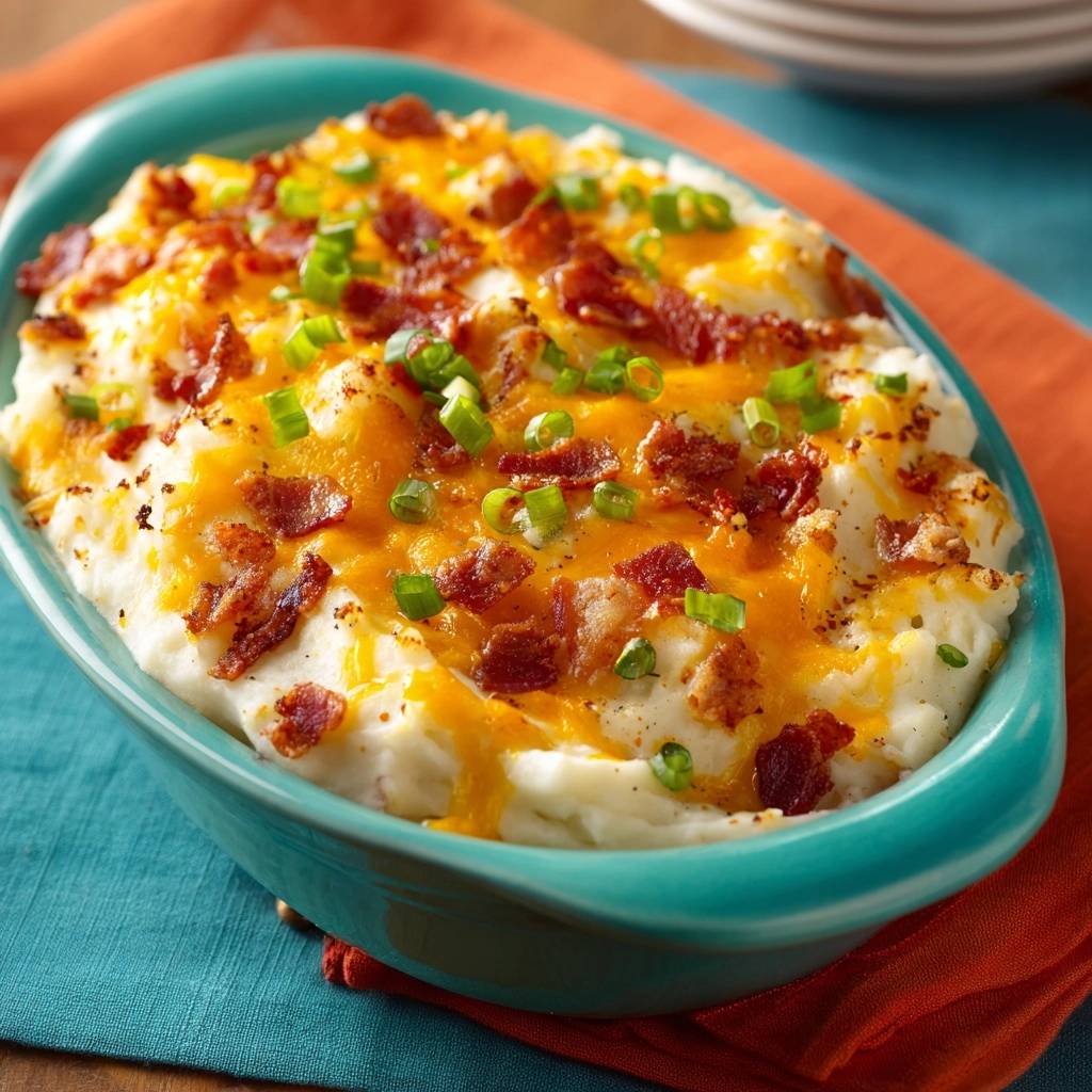 Loaded cheesy bacon mashed potatoes with a close-up view of the crispy bacon and melted cheddar cheese topping.