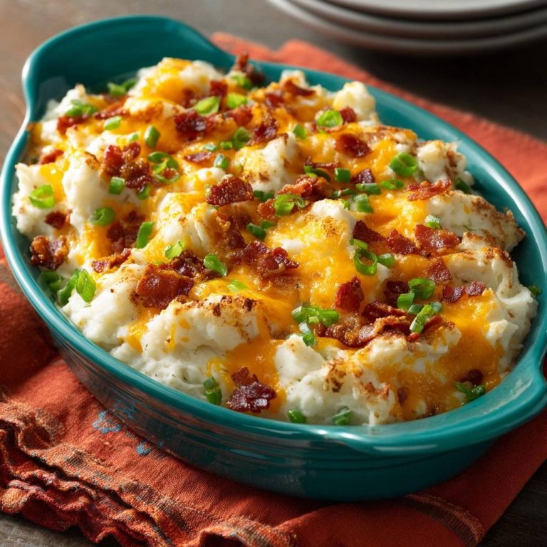 Loaded cheesy bacon mashed potatoes topped with melted cheddar, crispy bacon, and green onions.