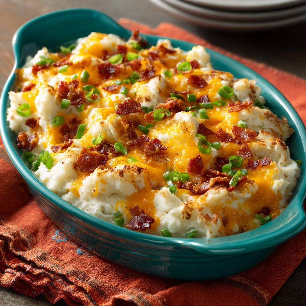 Loaded cheesy bacon mashed potatoes topped with melted cheddar, crispy bacon, and green onions.
