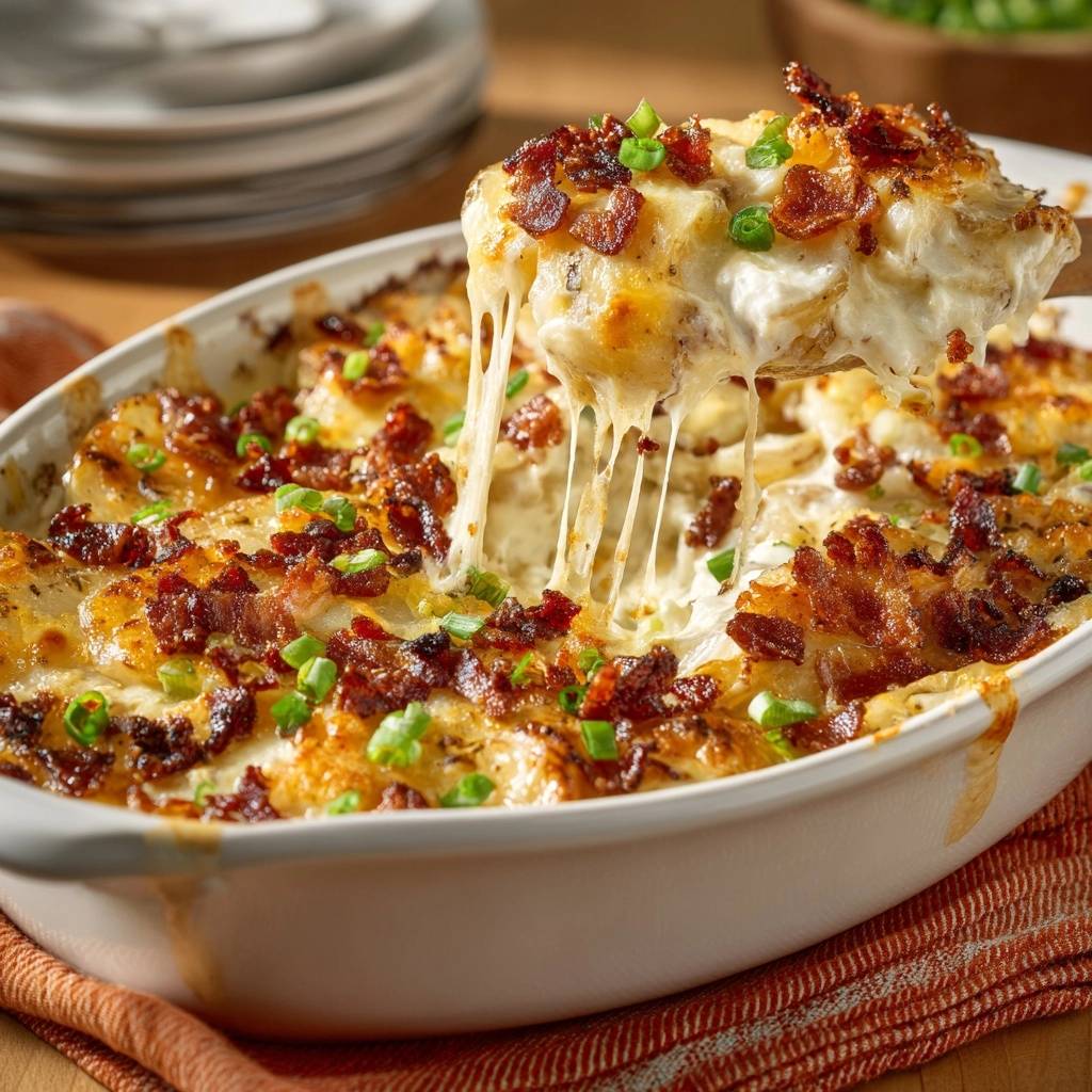 Loaded cheesy bacon potatoes casserole with a generous cheese pull, topped with bacon and green onions.