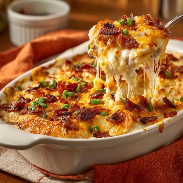 Loaded cheesy bacon potatoes with a gooey cheese pull being lifted from the casserole dish.