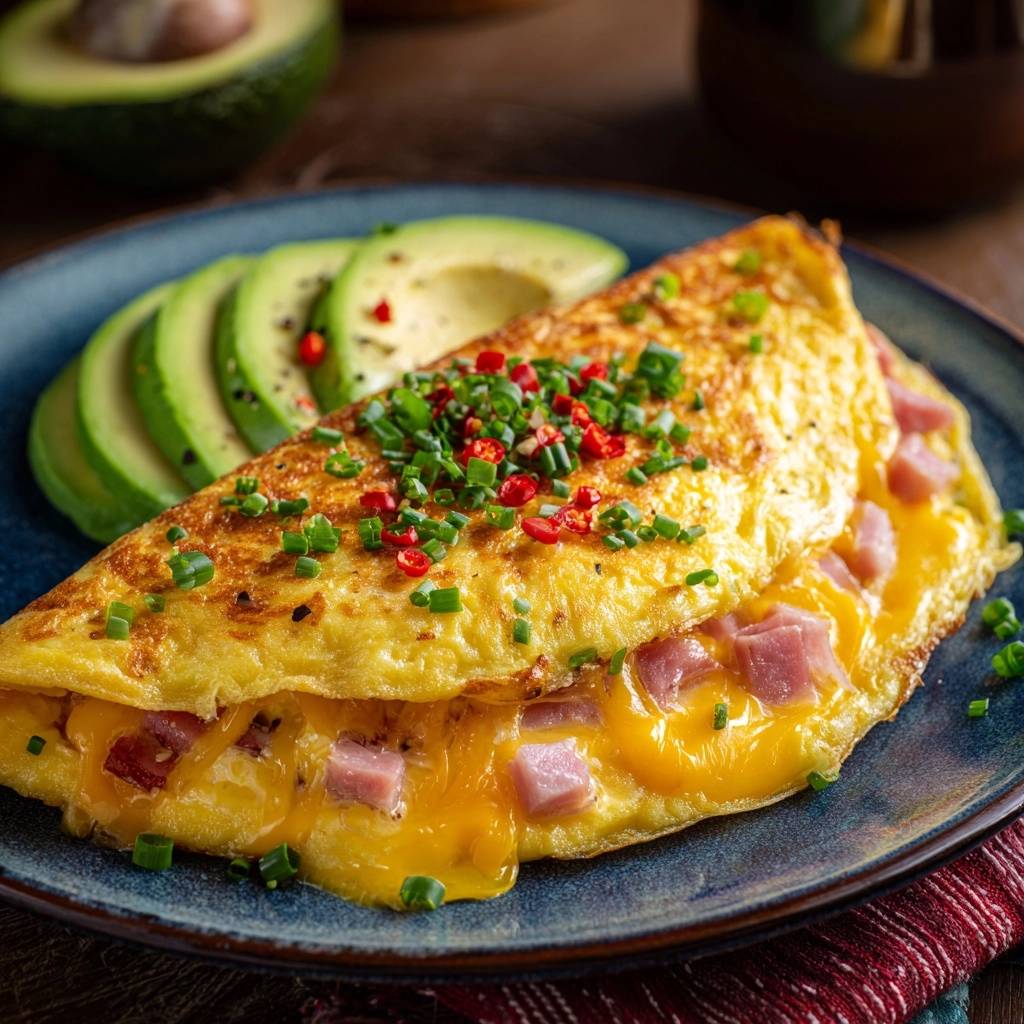 Loaded ham and cheese omelette folded with melted cheese and ham, served with sliced avocado on a blue plate.