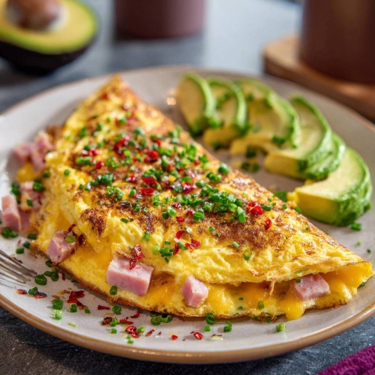 Loaded ham and cheese omelette garnished with chives and chili flakes, showcasing its flaky texture.