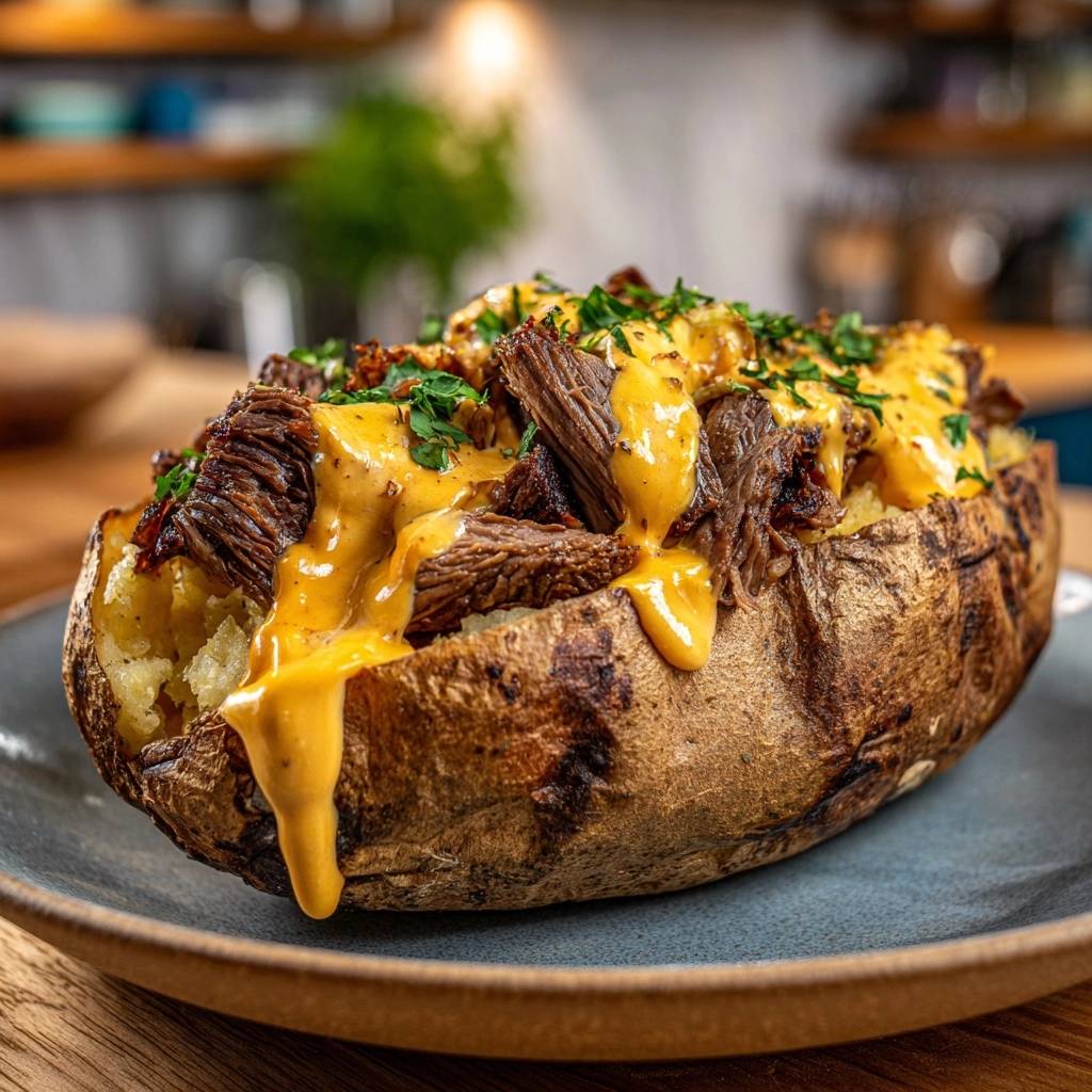Loaded shredded beef baked potato with dripping cheese sauce and fresh parsley garnish on a plate.