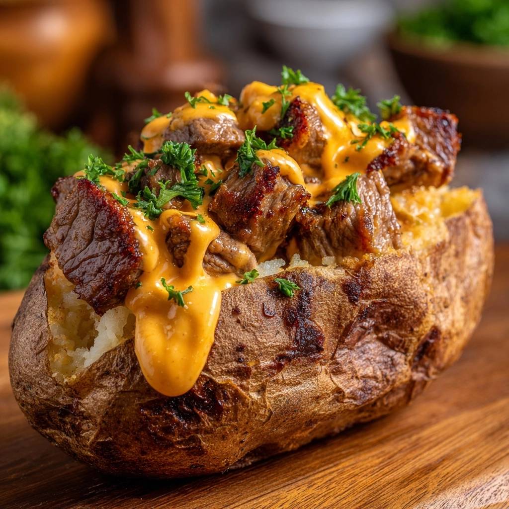 Loaded shredded beef baked potato topped with melted cheese and fresh parsley garnish.