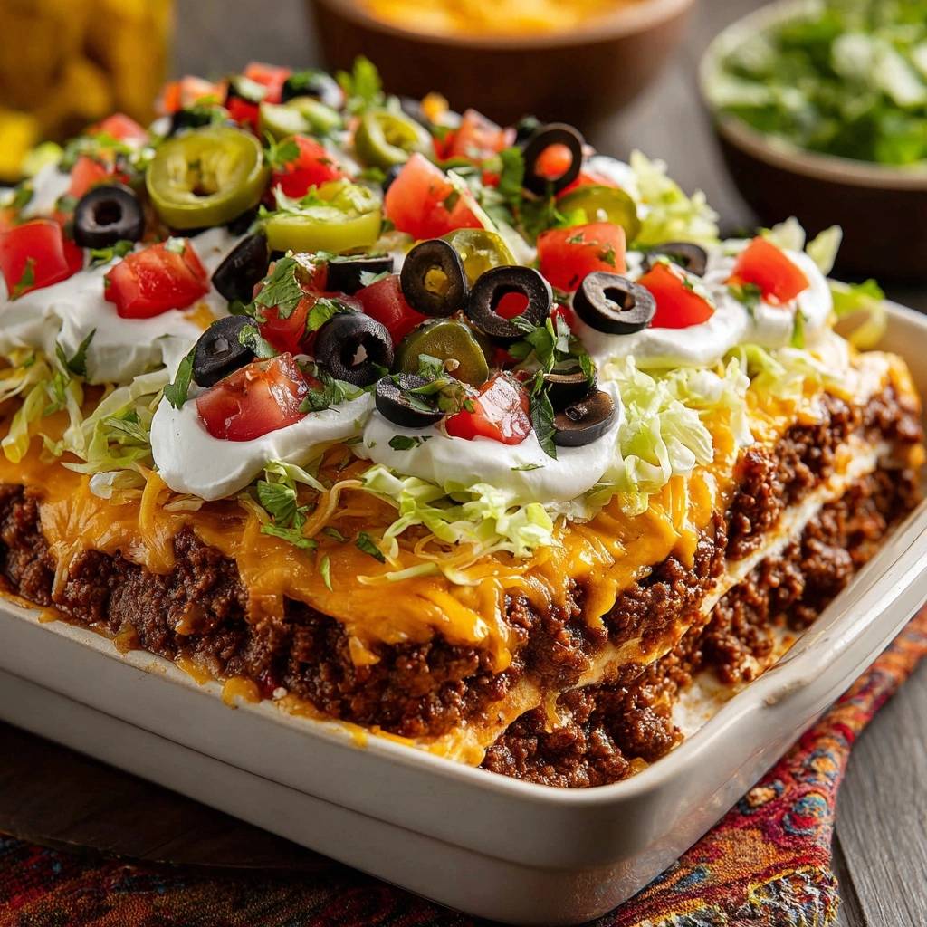 Loaded taco casserole with a close-up view of the fresh toppings and cheesy layers.