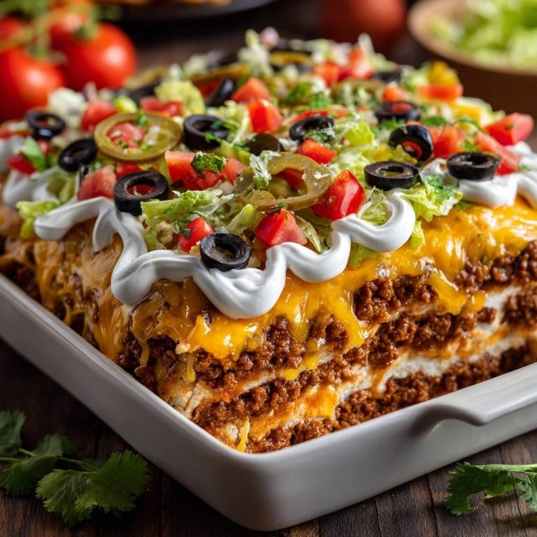 Loaded taco casserole with crispy layers shown in a cross-section, highlighting its many hearty layers.