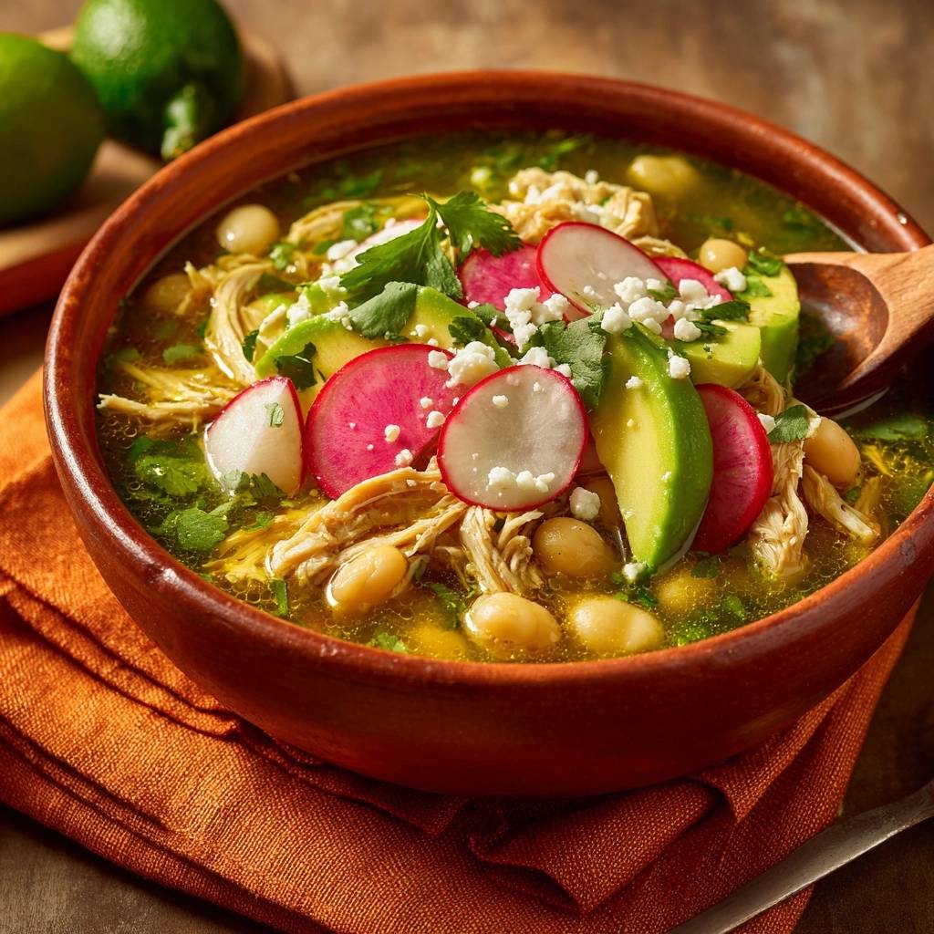 Mexican chicken white bean verde soup garnished with radishes, avocado, and queso fresco in a rustic bowl.