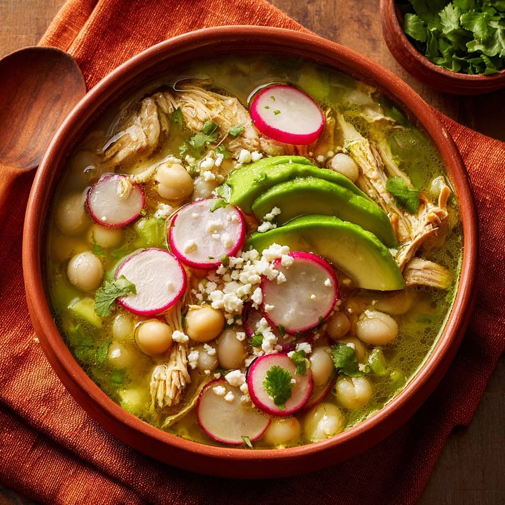 Mexican chicken white bean verde soup garnished with radishes, avocado, and queso fresco, viewed from overhead.