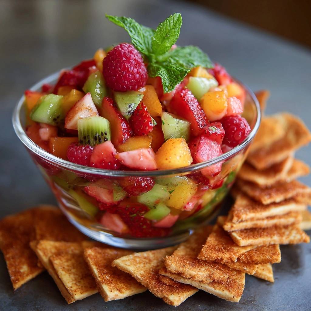 Minty fruit salsa served in a glass bowl, surrounded by cinnamon-sugar pita chips and garnished with fresh mint.