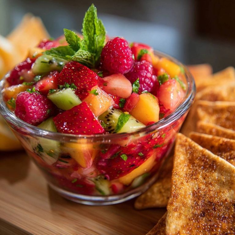 Minty fruit salsa with crispy pita chips shown in a close-up view of a glass bowl with fresh mint garnish.
