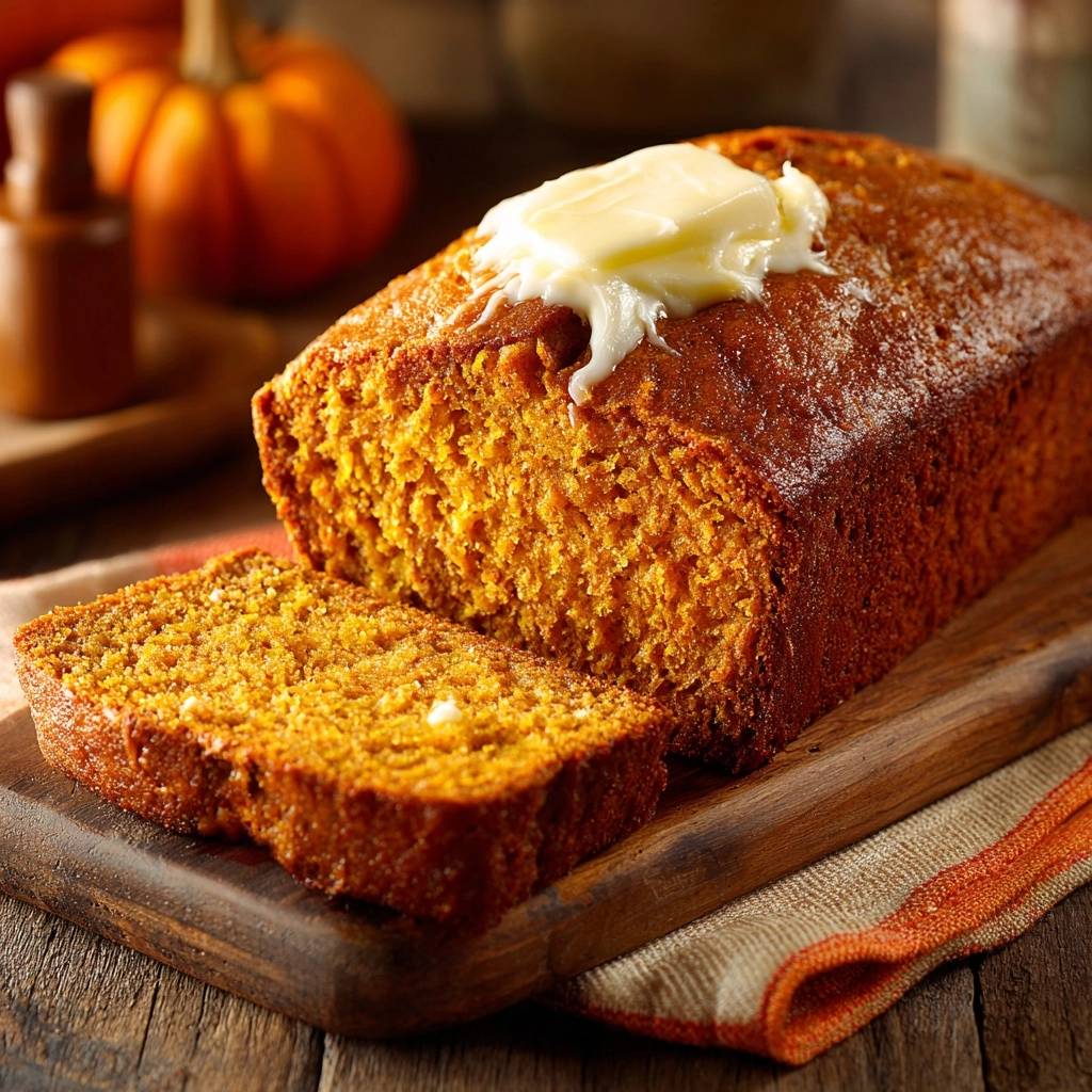 Moist pumpkin bread with a slice cut and topped with butter on a wooden board.