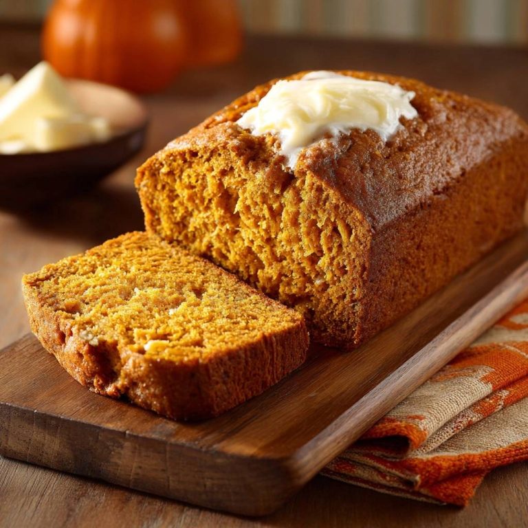 Moist pumpkin bread, sliced and topped with butter, showcasing its fluffy crumb texture.