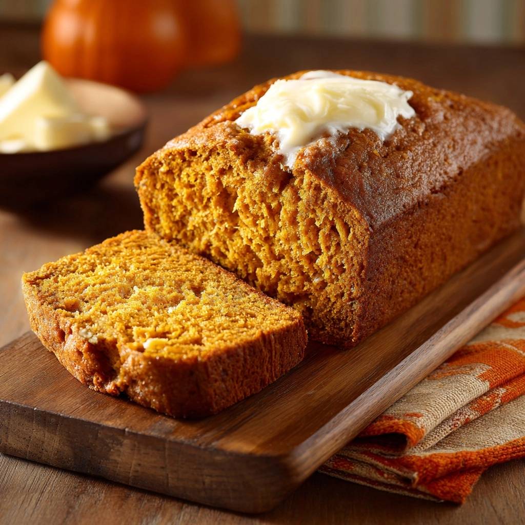 Moist pumpkin bread, sliced and topped with butter, showcasing its fluffy crumb texture.
