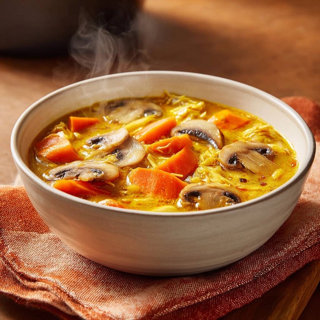 Hearty mushroom carrot lentil soup in a white bowl with steam rising, showing chunks of vegetables and mushrooms.
