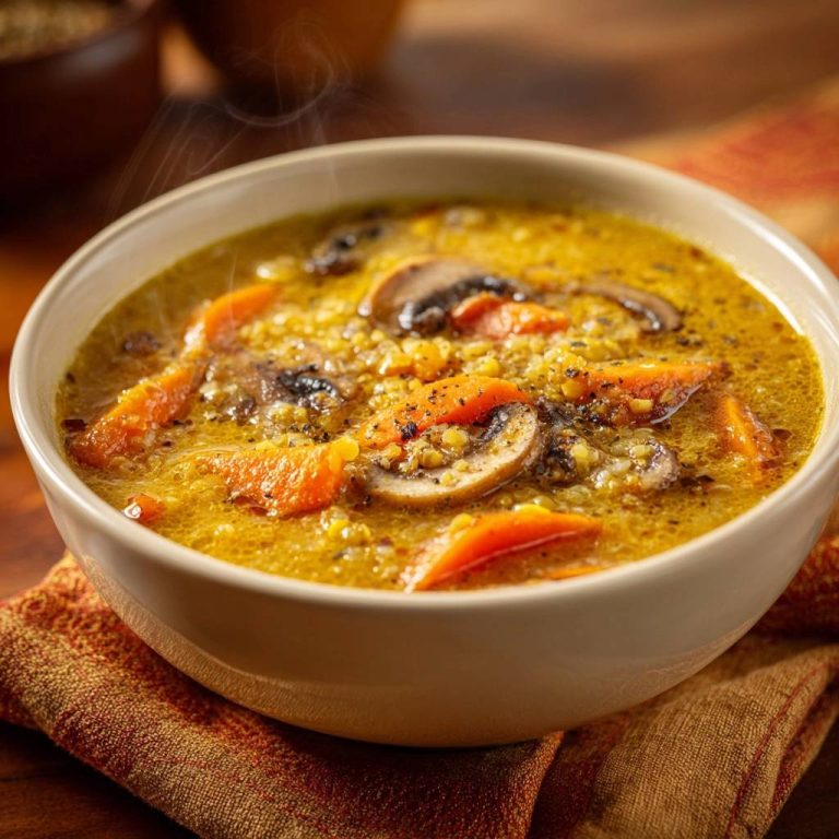 Hearty mushroom carrot lentil soup in a bowl, with steam rising and a close-up view of the ingredients.