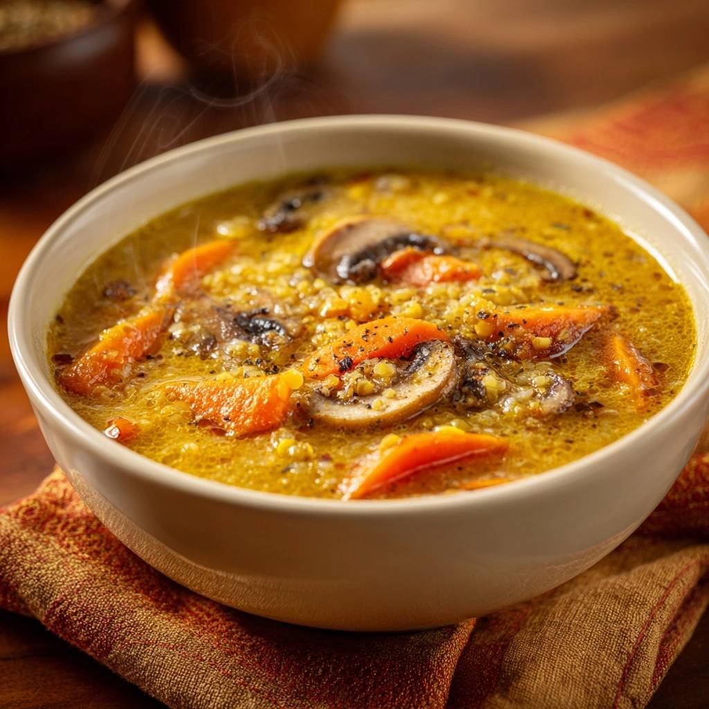 Hearty mushroom carrot lentil soup in a bowl, with steam rising and a close-up view of the ingredients.