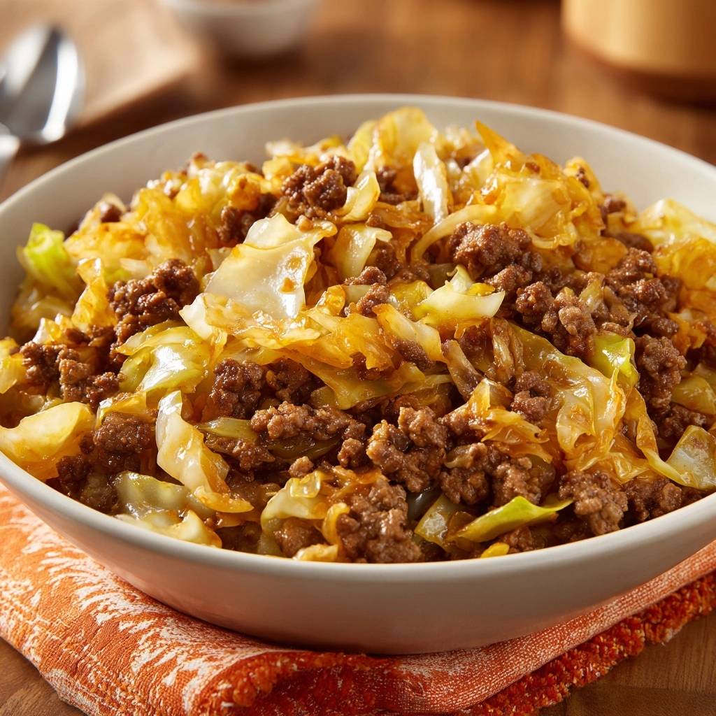 One-pan beef cabbage skillet served in a white bowl, showing the texture of the seared beef and tender cabbage.