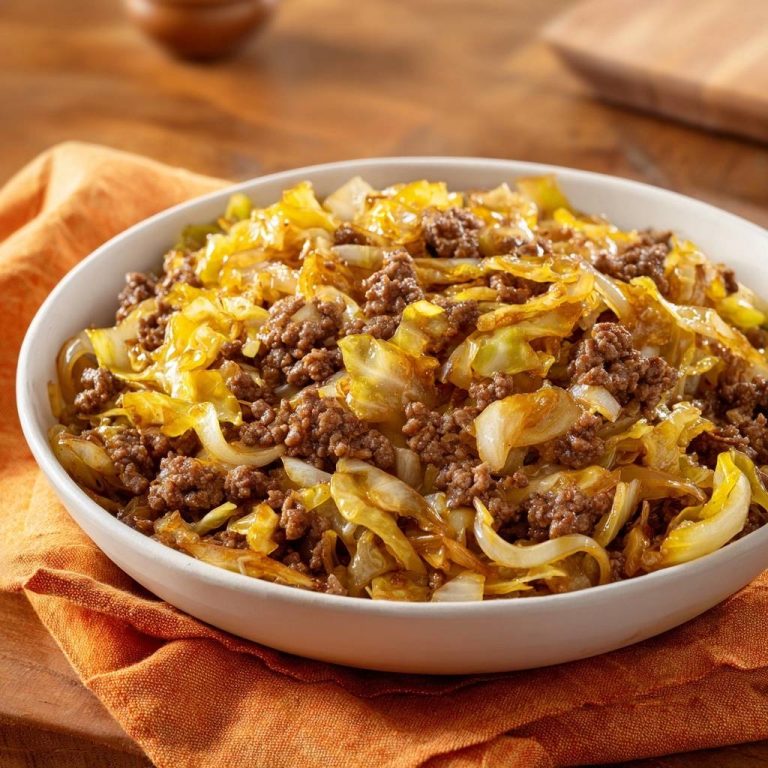 One-pan beef cabbage skillet served in a white bowl with an orange napkin, showing a close-up view of the mixture.