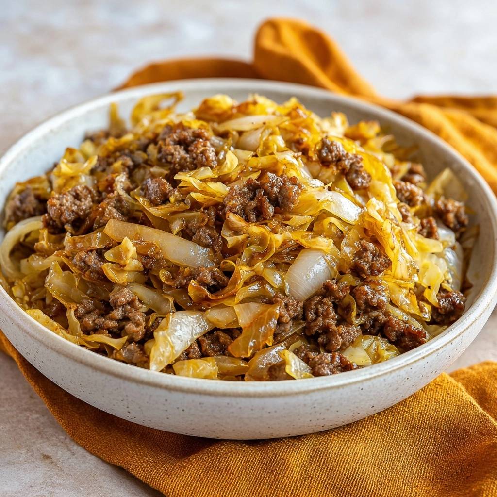 One-pan sausage cabbage skillet served in a rustic bowl, showcasing the texture of the cooked ingredients.