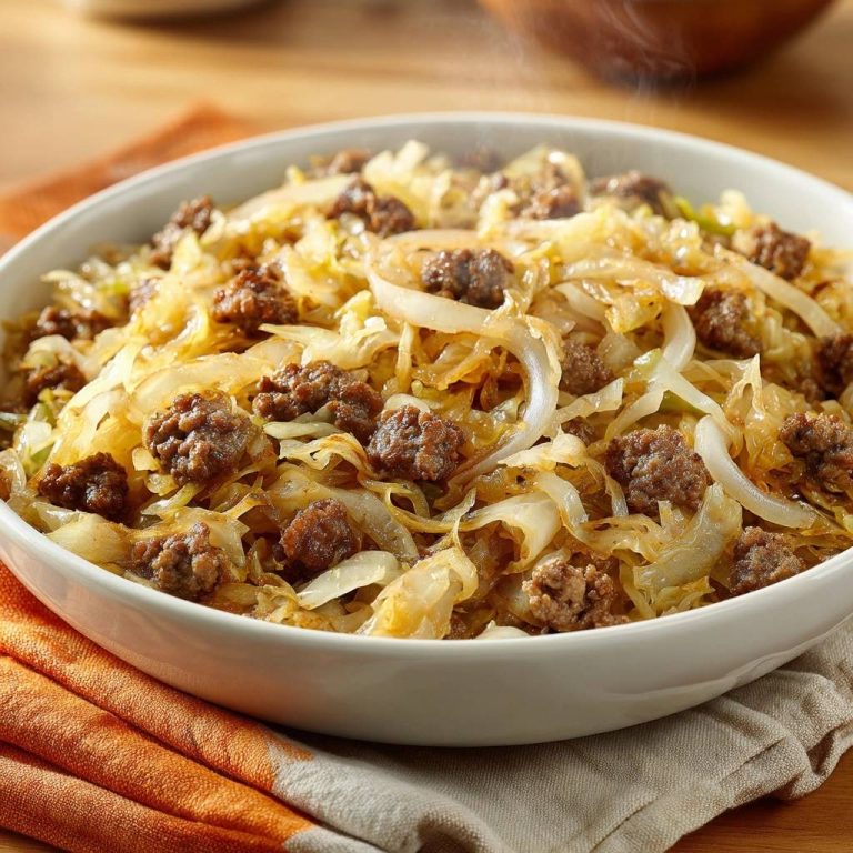 One-pan sausage cabbage skillet shown close-up in a white bowl with steam rising, featuring browned sausage crumbles and tender cabbage.