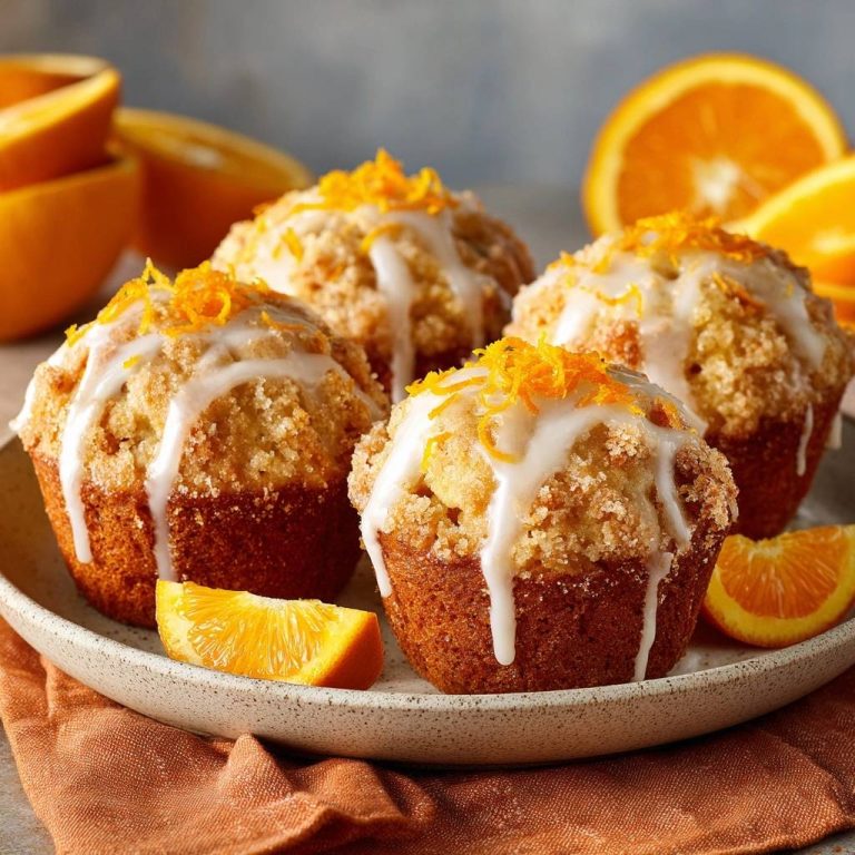 Glazed orange crumb muffins plated with fresh orange slices and zest garnish.