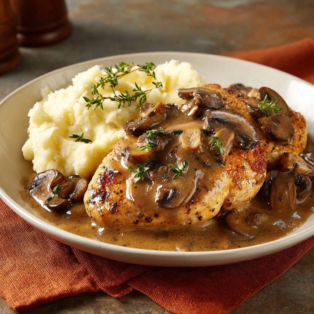 Pan-seared chicken with mushroom thyme gravy and mashed potatoes plated in a white bowl with fresh thyme garnish.