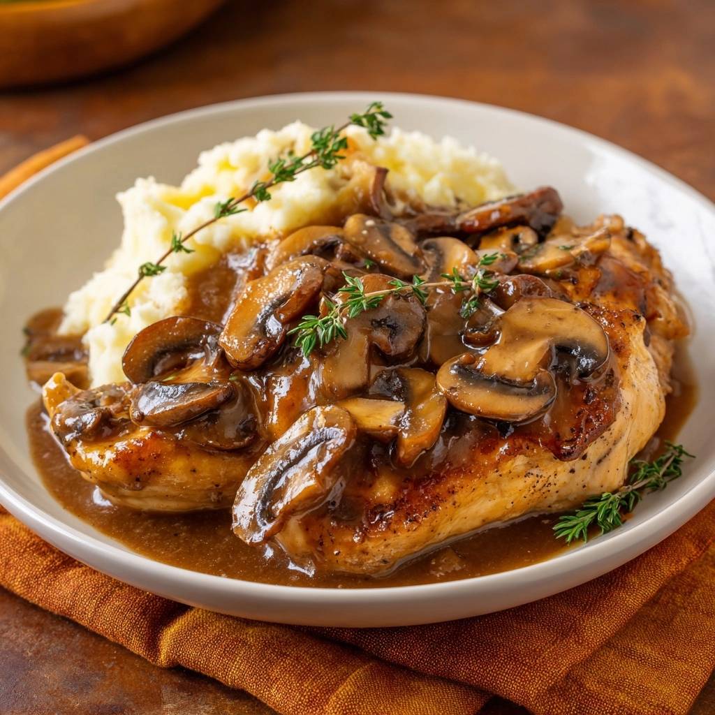 Pan-seared chicken with mushroom thyme gravy and mashed potatoes plated with a sprig of fresh thyme garnish.
