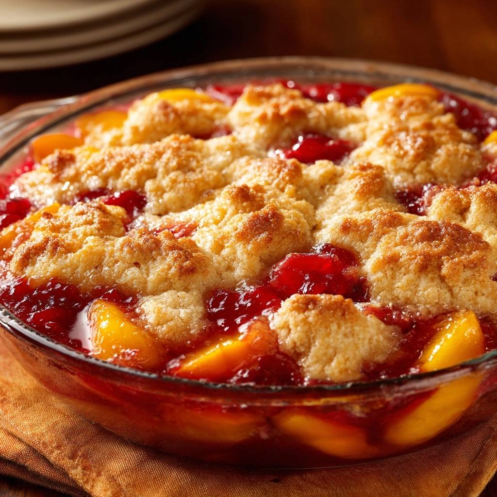 Peach cherry cobbler with a golden, crisp topping showing the fruit filling below.
