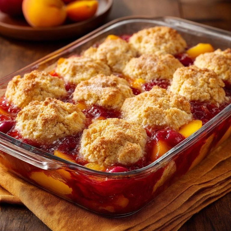 Peach cherry cobbler with a crisp golden topping, showing the texture of the baked dough.