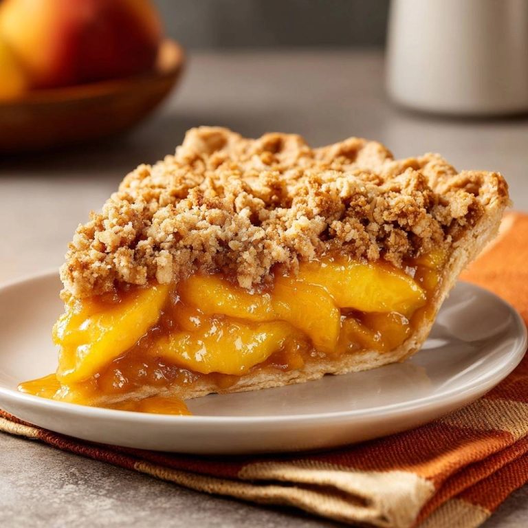 Peach crumb pie with a juicy, never-runny filling shown in a close-up cross-section on a white plate.