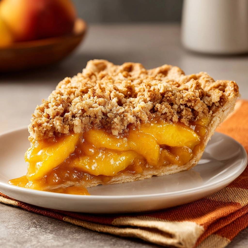 Peach crumb pie with a juicy, never-runny filling shown in a close-up cross-section on a white plate.