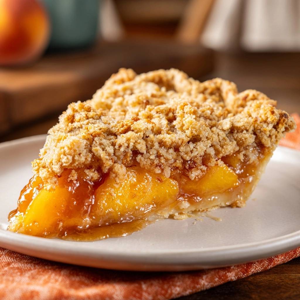 Peach crumb pie with never-runny filling showing a close-up cross-section of the juicy fruit and crumb topping.