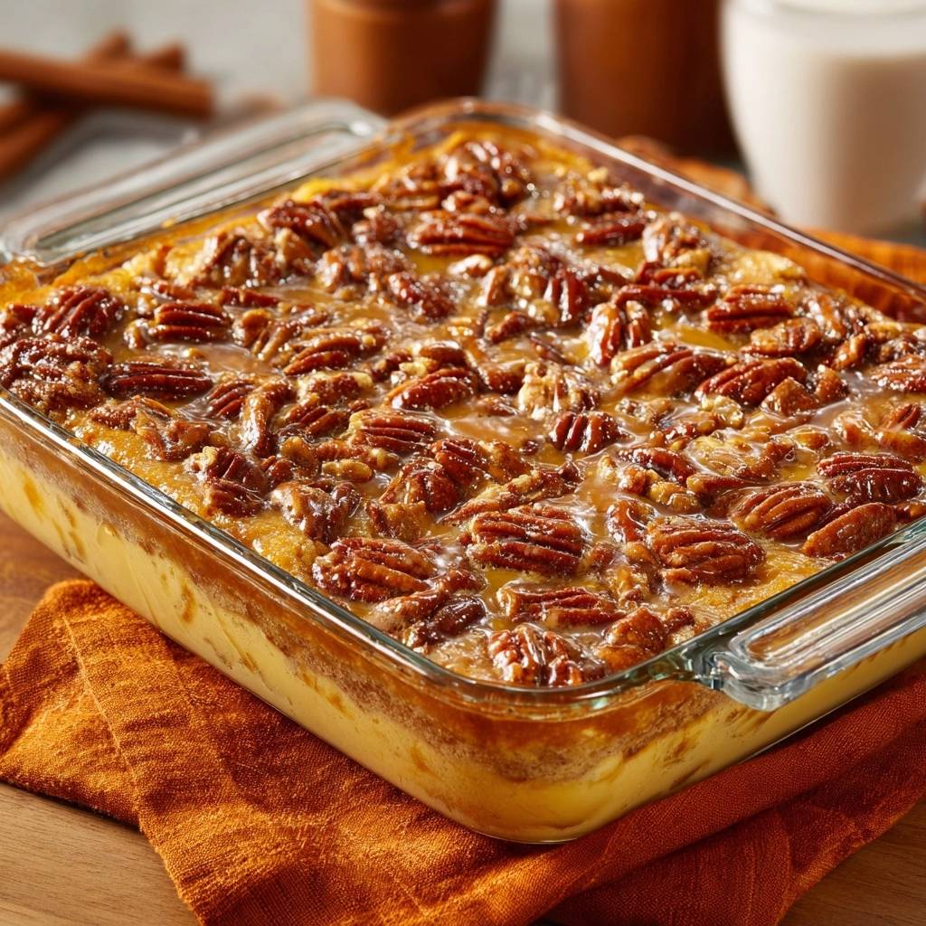 Gooey Pecan Pie Cheesecake Bars with No-Sink Pecans, showing the rich pecan and caramel topping from an overhead perspective.
