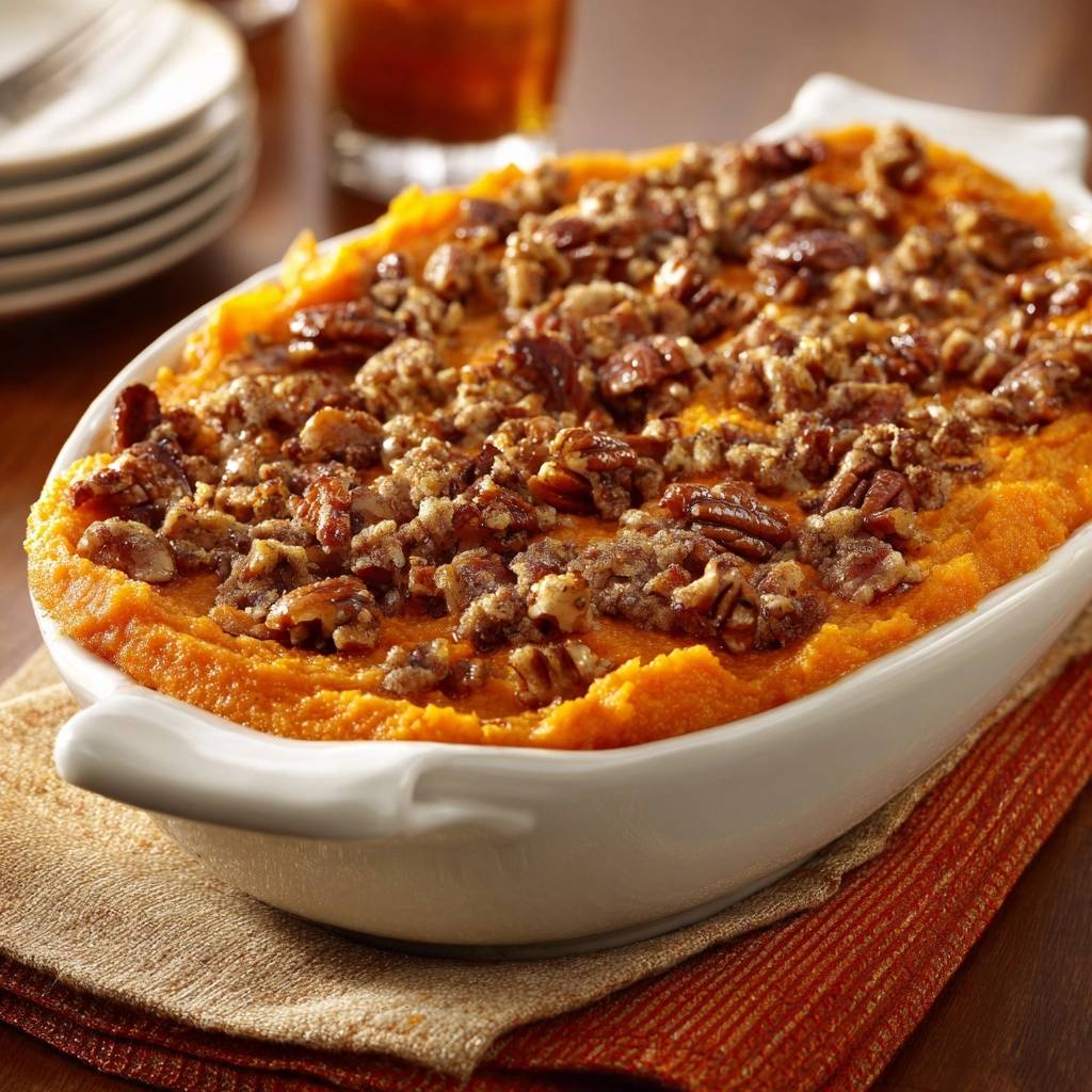 Pecan streusel sweet potato casserole with a close-up view of the crunchy pecan topping.