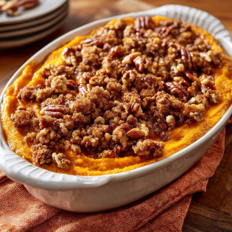 Pecan streusel sweet potato casserole with a close-up view of the crunchy pecan and brown sugar topping.