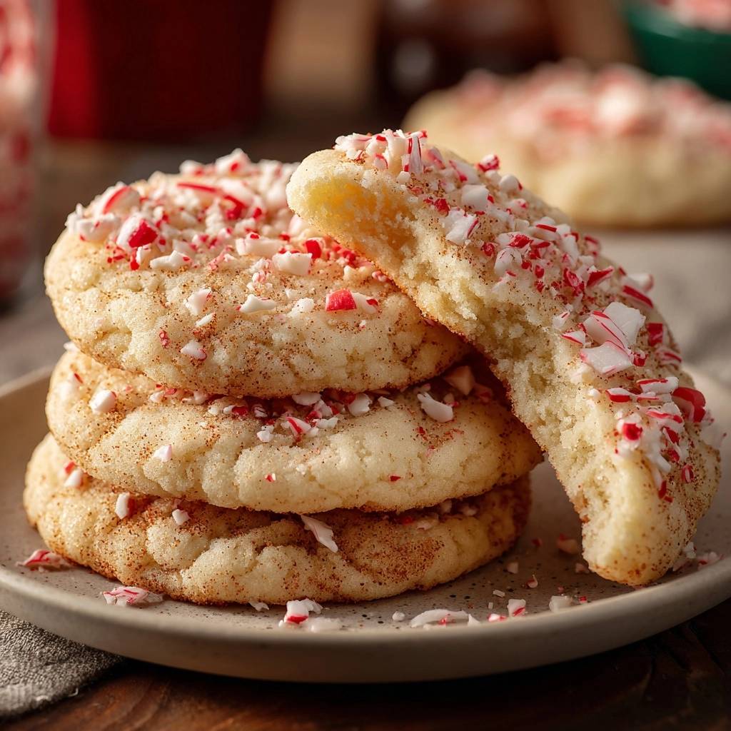 Peppermint snickerdoodle cookies with crunchy topping, showing a close-up cross-section of a broken cookie.