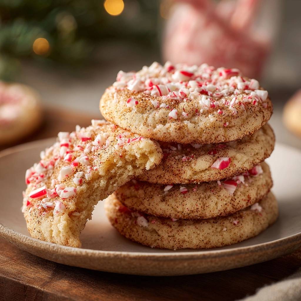 Peppermint snickerdoodle cookies with a cross-section showing the soft cookie interior and crushed candy cane topping.