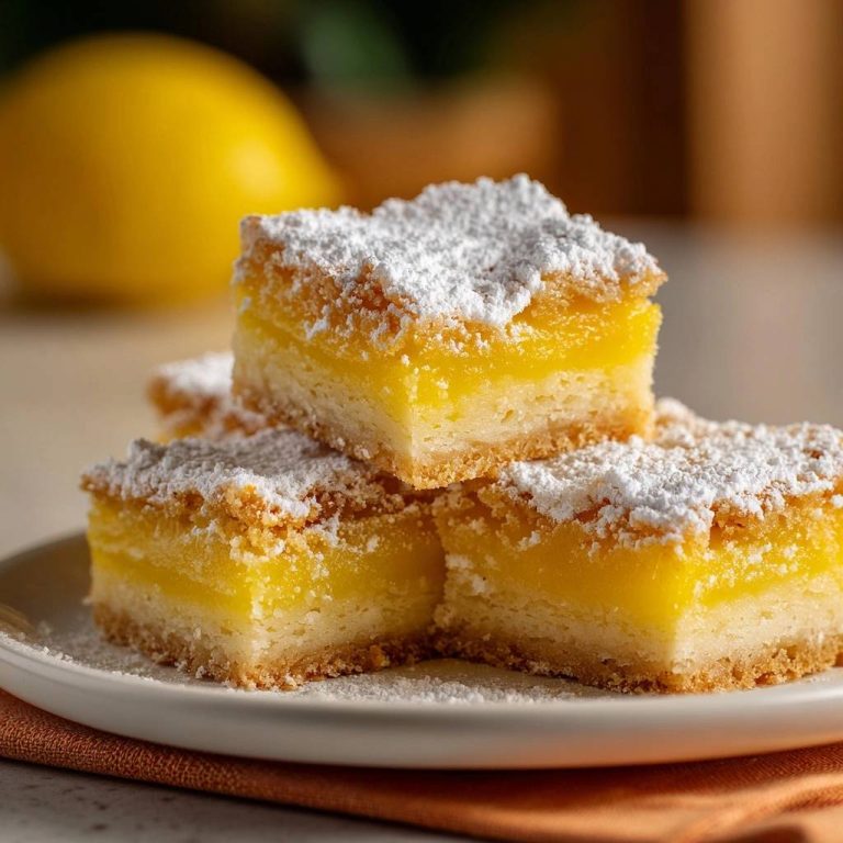 Perfect lemon bars stacked closely on a plate, dusted generously with powdered sugar.