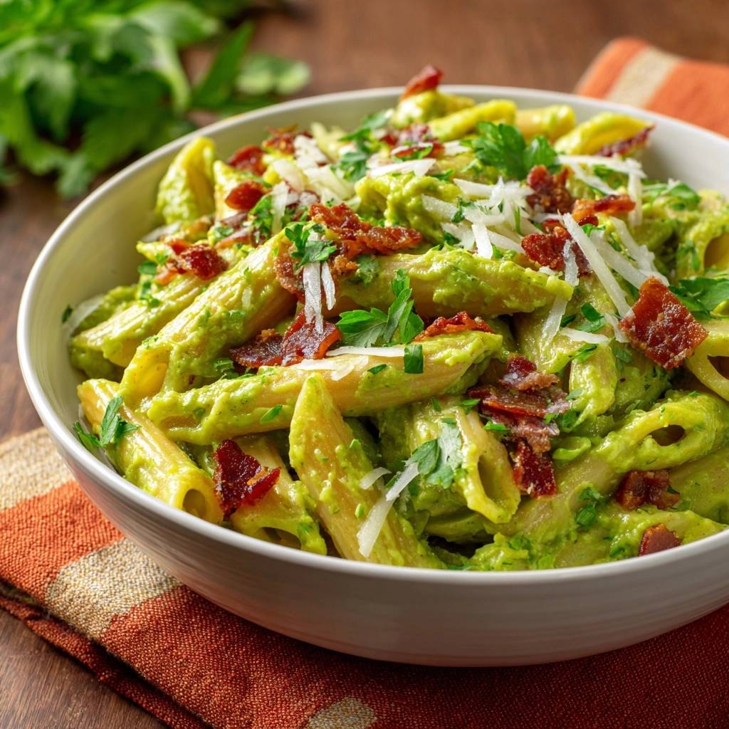 Pesto bacon rigatoni featuring a vibrant green sauce, topped with bacon bits and Parmesan, served in a white bowl.