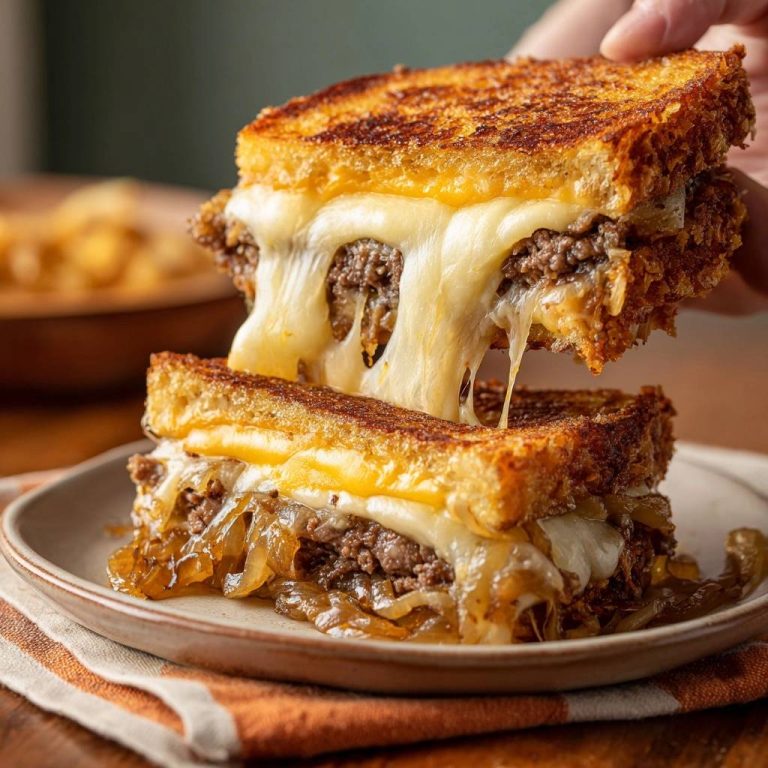Philly cheesesteak grilled cheese stacked high, showcasing a gooey melted cheese cross-section with seasoned beef and caramelized onions.