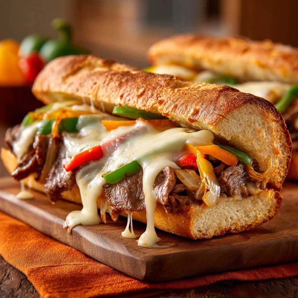 Philly Cheesesteak with melted cheese dripping down the side of a toasted roll with peppers and onions.