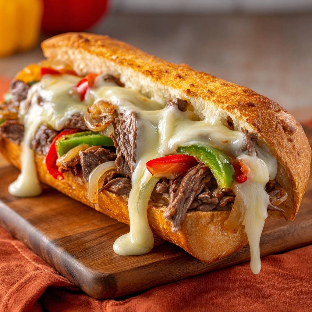 Philly cheesesteak with melted cheese dripping over a toasted roll, featuring tender beef and colorful peppers.